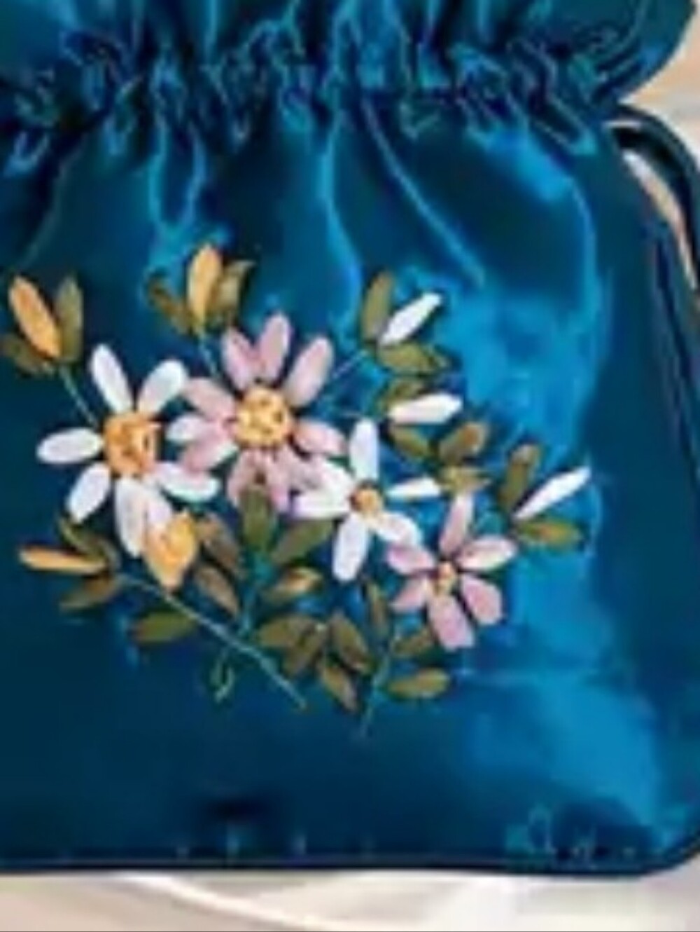 Floral Embroidered Blue Drawstring Bag - Picture 2 of 3